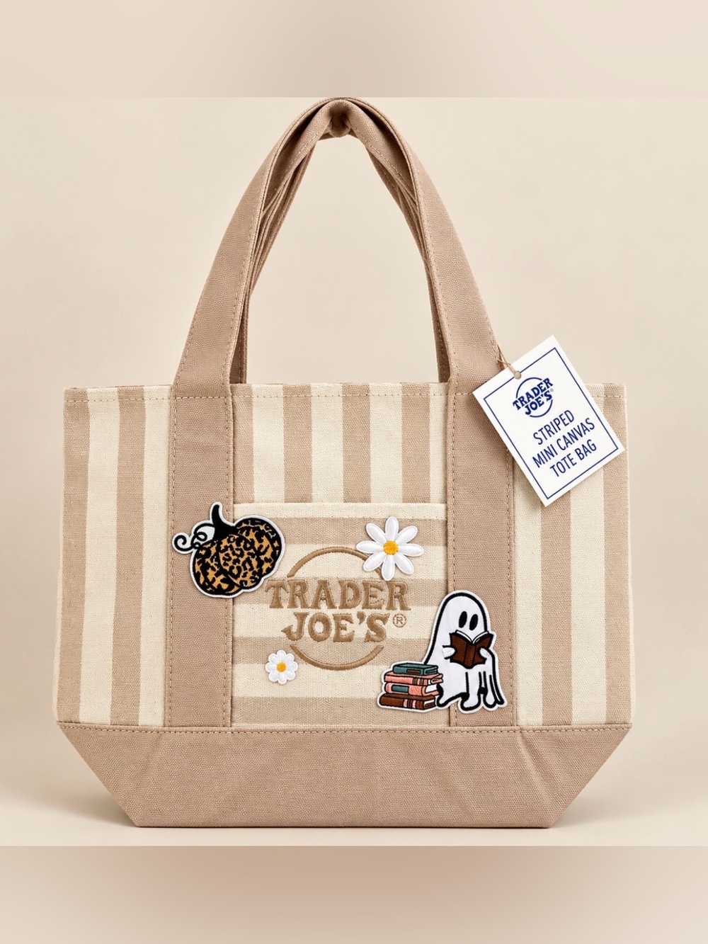Trader Joe's Beige Striped Canvas Tote - custom-made Halloween